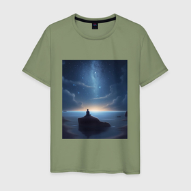 Мужская футболка хлопок с принтом Мальчик, космос и море в Новосибирске, 100% хлопок | прямой крой, круглый вырез горловины, длина до линии бедер, слегка спущенное плечо. | 
