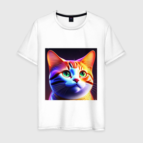 Мужская футболка хлопок с принтом Милый котик с большими глазами в Петрозаводске, 100% хлопок | прямой крой, круглый вырез горловины, длина до линии бедер, слегка спущенное плечо. | 