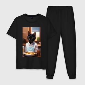 Мужская пижама хлопок с принтом Кот повар с десертом , 100% хлопок | брюки и футболка прямого кроя, без карманов, на брюках мягкая резинка на поясе и по низу штанин
 | 