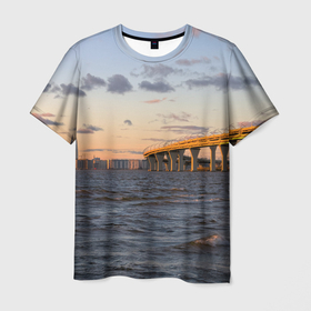 Мужская футболка 3D с принтом Санкт Петербург: Финский залив вид с Васильевского острова в Санкт-Петербурге, 100% полиэфир | прямой крой, круглый вырез горловины, длина до линии бедер | 