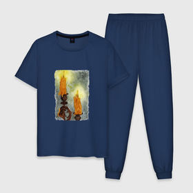 Мужская пижама хлопок с принтом Две восковые свечи на подсвечнике , 100% хлопок | брюки и футболка прямого кроя, без карманов, на брюках мягкая резинка на поясе и по низу штанин
 | 
