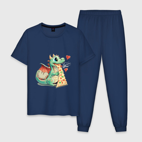 Мужская пижама хлопок с принтом Дракончик ест пиццу в Тюмени, 100% хлопок | брюки и футболка прямого кроя, без карманов, на брюках мягкая резинка на поясе и по низу штанин
 | 