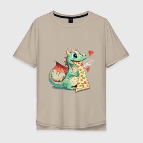 Мужская футболка хлопок Oversize с принтом Дракончик ест пиццу в Тюмени, 100% хлопок | свободный крой, круглый ворот, “спинка” длиннее передней части | 