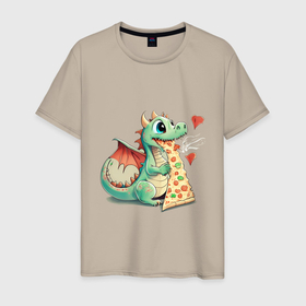 Мужская футболка хлопок с принтом Дракончик ест пиццу в Тюмени, 100% хлопок | прямой крой, круглый вырез горловины, длина до линии бедер, слегка спущенное плечо. | 