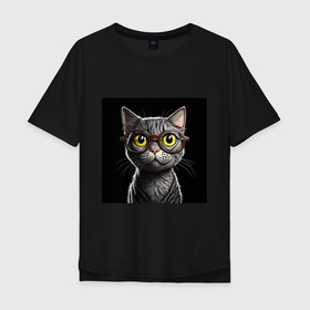 Мужская футболка хлопок Oversize с принтом Желтоглазый котик в очках в Екатеринбурге, 100% хлопок | свободный крой, круглый ворот, “спинка” длиннее передней части | 