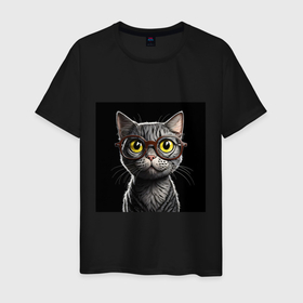 Мужская футболка хлопок с принтом Желтоглазый котик в очках в Кировске, 100% хлопок | прямой крой, круглый вырез горловины, длина до линии бедер, слегка спущенное плечо. | 