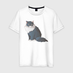Мужская футболка хлопок с принтом Бело серый кот в Екатеринбурге, 100% хлопок | прямой крой, круглый вырез горловины, длина до линии бедер, слегка спущенное плечо. | 