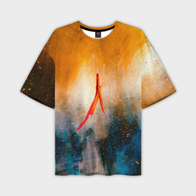 Мужская футболка oversize 3D с принтом Оранжево синий туман и краски в Новосибирске,  |  | 