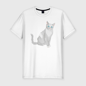 Мужская футболка хлопок Slim с принтом Серый кот с голубыми глазами в Екатеринбурге, 92% хлопок, 8% лайкра | приталенный силуэт, круглый вырез ворота, длина до линии бедра, короткий рукав | 