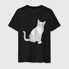 Мужская футболка хлопок с принтом Серый кот с голубыми глазами в Екатеринбурге, 100% хлопок | прямой крой, круглый вырез горловины, длина до линии бедер, слегка спущенное плечо. | 