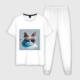 Мужская пижама хлопок с принтом Цифровой кот в темных очках в Петрозаводске, 100% хлопок | брюки и футболка прямого кроя, без карманов, на брюках мягкая резинка на поясе и по низу штанин
 | 