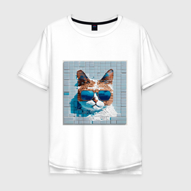 Мужская футболка хлопок Oversize с принтом Цифровой кот в темных очках в Петрозаводске, 100% хлопок | свободный крой, круглый ворот, “спинка” длиннее передней части | 