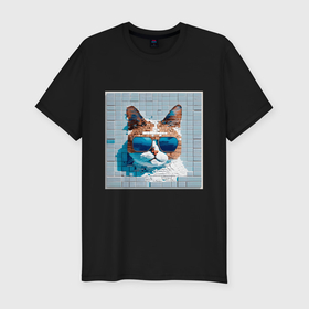 Мужская футболка хлопок Slim с принтом Цифровой кот в темных очках в Петрозаводске, 92% хлопок, 8% лайкра | приталенный силуэт, круглый вырез ворота, длина до линии бедра, короткий рукав | 