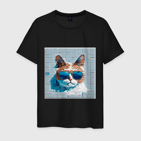 Мужская футболка хлопок с принтом Цифровой кот в темных очках в Петрозаводске, 100% хлопок | прямой крой, круглый вырез горловины, длина до линии бедер, слегка спущенное плечо. | 