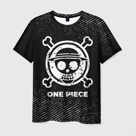 Мужская футболка 3D с принтом One Piece с потертостями на темном фоне в Екатеринбурге, 100% полиэфир | прямой крой, круглый вырез горловины, длина до линии бедер | 