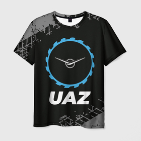 Мужская футболка 3D с принтом UAZ в стиле Top Gear со следами шин на фоне в Екатеринбурге, 100% полиэфир | прямой крой, круглый вырез горловины, длина до линии бедер | 