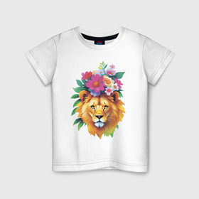 Детская футболка хлопок с принтом Лев    царь зверей в цветах в Екатеринбурге, 100% хлопок | круглый вырез горловины, полуприлегающий силуэт, длина до линии бедер | 