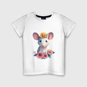 Детская футболка хлопок с принтом Мышка и цветочки в Белгороде, 100% хлопок | круглый вырез горловины, полуприлегающий силуэт, длина до линии бедер | 