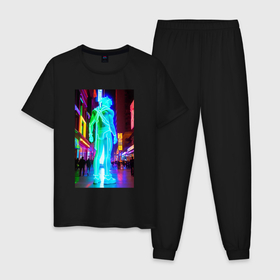 Мужская пижама хлопок с принтом Neon dude in the night city в Тюмени, 100% хлопок | брюки и футболка прямого кроя, без карманов, на брюках мягкая резинка на поясе и по низу штанин
 | Тематика изображения на принте: 