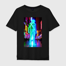 Мужская футболка хлопок Oversize с принтом Neon dude in the night city в Кировске, 100% хлопок | свободный крой, круглый ворот, “спинка” длиннее передней части | Тематика изображения на принте: 