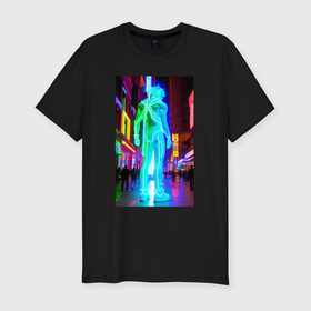 Мужская футболка хлопок Slim с принтом Neon dude in the night city в Кировске, 92% хлопок, 8% лайкра | приталенный силуэт, круглый вырез ворота, длина до линии бедра, короткий рукав | Тематика изображения на принте: 