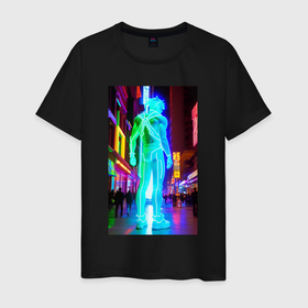 Мужская футболка хлопок с принтом Neon dude in the night city в Белгороде, 100% хлопок | прямой крой, круглый вырез горловины, длина до линии бедер, слегка спущенное плечо. | 