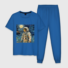 Мужская пижама хлопок с принтом Космонавт на луне в стиле Ван Гог в Курске, 100% хлопок | брюки и футболка прямого кроя, без карманов, на брюках мягкая резинка на поясе и по низу штанин
 | Тематика изображения на принте: 