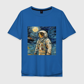 Мужская футболка хлопок Oversize с принтом Космонавт на луне в стиле Ван Гог в Курске, 100% хлопок | свободный крой, круглый ворот, “спинка” длиннее передней части | Тематика изображения на принте: 