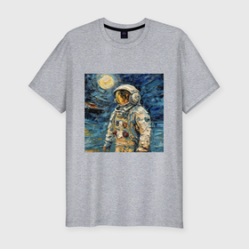 Мужская футболка хлопок Slim с принтом Космонавт на луне в стиле Ван Гог в Курске, 92% хлопок, 8% лайкра | приталенный силуэт, круглый вырез ворота, длина до линии бедра, короткий рукав | Тематика изображения на принте: 