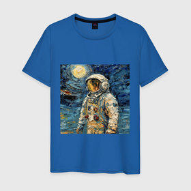 Мужская футболка хлопок с принтом Космонавт на луне в стиле Ван Гог в Курске, 100% хлопок | прямой крой, круглый вырез горловины, длина до линии бедер, слегка спущенное плечо. | Тематика изображения на принте: 