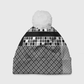 Шапка 3D c помпоном с принтом Черно белый лоскутный узор пэчворк в Екатеринбурге, 100% полиэстер | универсальный размер, печать по всей поверхности изделия | 