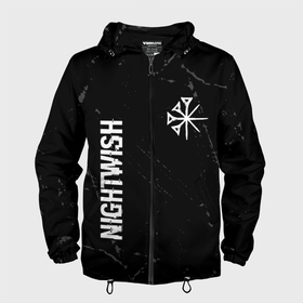 Мужская ветровка 3D с принтом Nightwish glitch на темном фоне: надпись, символ в Новосибирске, 100% полиэстер | подол и капюшон оформлены резинкой с фиксаторами, два кармана без застежек по бокам, один потайной карман на груди | 