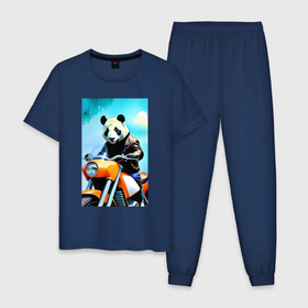 Мужская пижама хлопок с принтом Панда крутой байкер   нейросеть , 100% хлопок | брюки и футболка прямого кроя, без карманов, на брюках мягкая резинка на поясе и по низу штанин
 | 