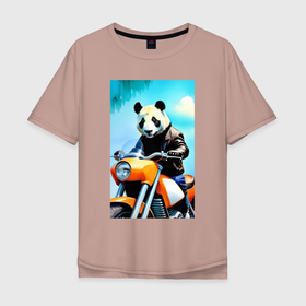 Мужская футболка хлопок Oversize с принтом Панда крутой байкер   нейросеть в Тюмени, 100% хлопок | свободный крой, круглый ворот, “спинка” длиннее передней части | Тематика изображения на принте: 