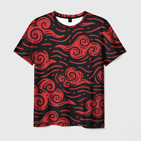Мужская футболка 3D с принтом Японский орнамент   красные облака в Санкт-Петербурге, 100% полиэфир | прямой крой, круглый вырез горловины, длина до линии бедер | 