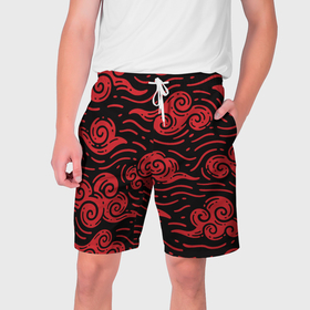 Мужские шорты 3D с принтом Японский орнамент   красные облака в Санкт-Петербурге,  полиэстер 100% | прямой крой, два кармана без застежек по бокам. Мягкая трикотажная резинка на поясе, внутри которой широкие завязки. Длина чуть выше колен | 