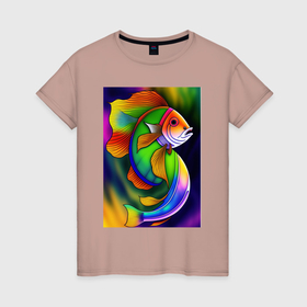 Женская футболка хлопок с принтом Разноцветная рыба в Екатеринбурге, 100% хлопок | прямой крой, круглый вырез горловины, длина до линии бедер, слегка спущенное плечо | 