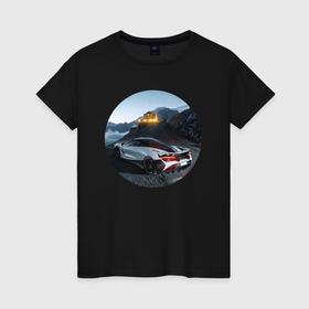 Женская футболка хлопок с принтом Машина с рестораном на горе в Тюмени, 100% хлопок | прямой крой, круглый вырез горловины, длина до линии бедер, слегка спущенное плечо | 