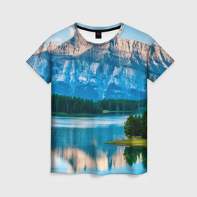 Женская футболка 3D с принтом Красочное озеро  в горах , 100% полиэфир ( синтетическое хлопкоподобное полотно) | прямой крой, круглый вырез горловины, длина до линии бедер | 