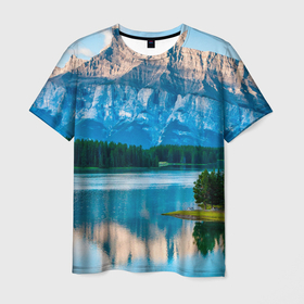 Мужская футболка 3D с принтом Красочное озеро  в горах , 100% полиэфир | прямой крой, круглый вырез горловины, длина до линии бедер | 