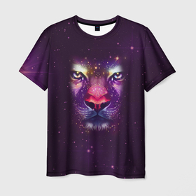 Мужская футболка 3D с принтом Фантастический портрет космического льва в фиолетовых тонах в Кировске, 100% полиэфир | прямой крой, круглый вырез горловины, длина до линии бедер | 