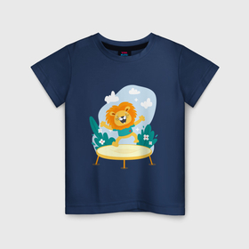 Детская футболка хлопок с принтом Львенок на батуте в Кировске, 100% хлопок | круглый вырез горловины, полуприлегающий силуэт, длина до линии бедер | 