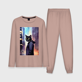 Мужская пижама с лонгсливом хлопок с принтом Чёрный котяра житель Нью Йорка ,  |  | Тематика изображения на принте: 