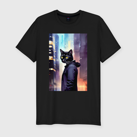 Мужская футболка хлопок Slim с принтом Чёрный котяра житель Нью Йорка , 92% хлопок, 8% лайкра | приталенный силуэт, круглый вырез ворота, длина до линии бедра, короткий рукав | Тематика изображения на принте: 