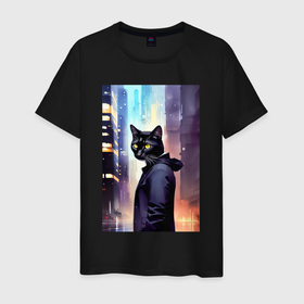 Мужская футболка хлопок с принтом Чёрный котяра житель Нью Йорка в Екатеринбурге, 100% хлопок | прямой крой, круглый вырез горловины, длина до линии бедер, слегка спущенное плечо. | 
