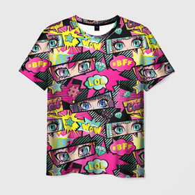 Мужская футболка 3D с принтом Глаза аниме девушки: pop art pattern в Тюмени, 100% полиэфир | прямой крой, круглый вырез горловины, длина до линии бедер | Тематика изображения на принте: 