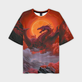 Мужская футболка oversize 3D с принтом Дракон и кровавая луна ,  |  | 