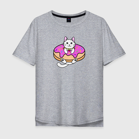 Мужская футболка хлопок Oversize с принтом Белый котенок в пончике в Екатеринбурге, 100% хлопок | свободный крой, круглый ворот, “спинка” длиннее передней части | 