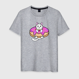 Мужская футболка хлопок с принтом Белый котенок в пончике в Екатеринбурге, 100% хлопок | прямой крой, круглый вырез горловины, длина до линии бедер, слегка спущенное плечо. | 