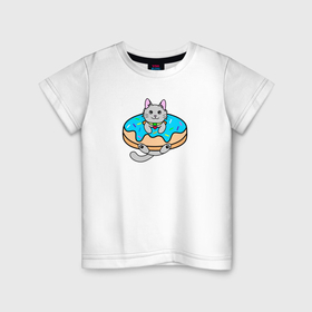 Детская футболка хлопок с принтом Серый котенок в пончике в Петрозаводске, 100% хлопок | круглый вырез горловины, полуприлегающий силуэт, длина до линии бедер | Тематика изображения на принте: 
